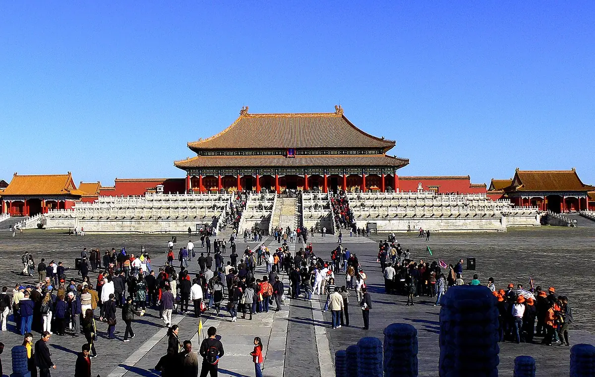 Hall of Supreme Harmony above white stone terraces in Beijing’s Forbidden City