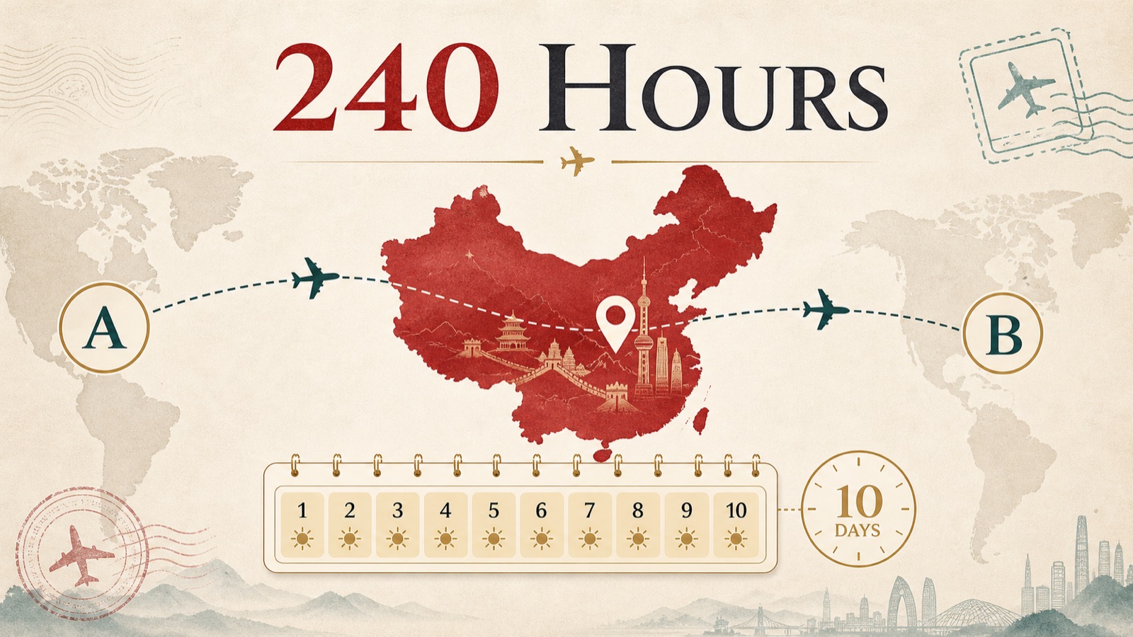 Illustrated 240-hour transit route from one country through China to a third destination