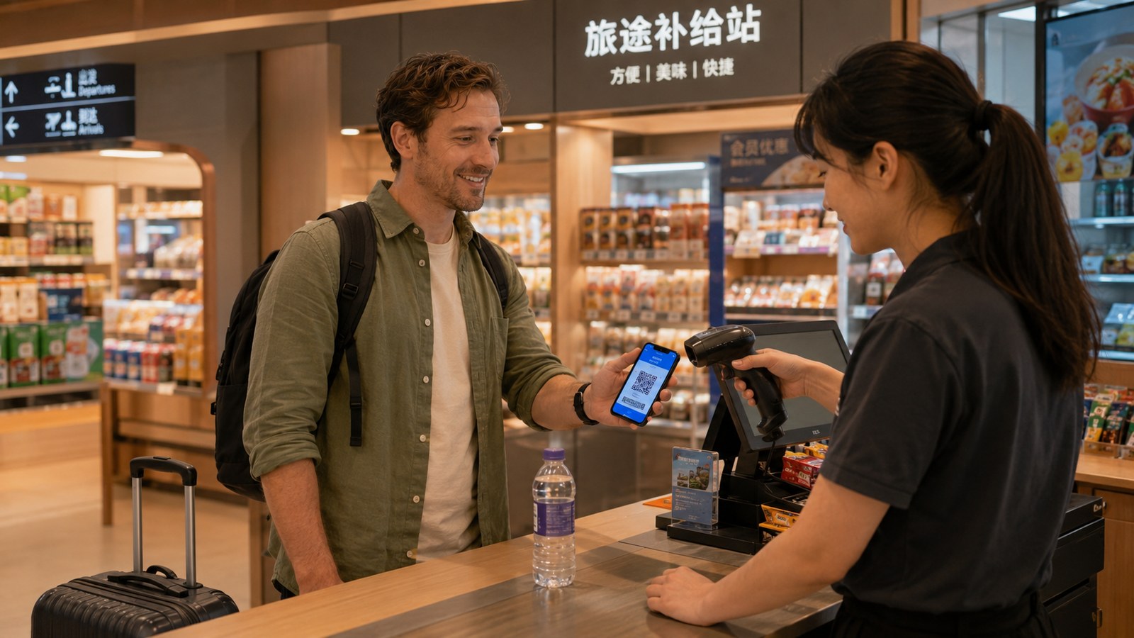 Newly arrived traveler testing mobile payment at an airport convenience store in China
