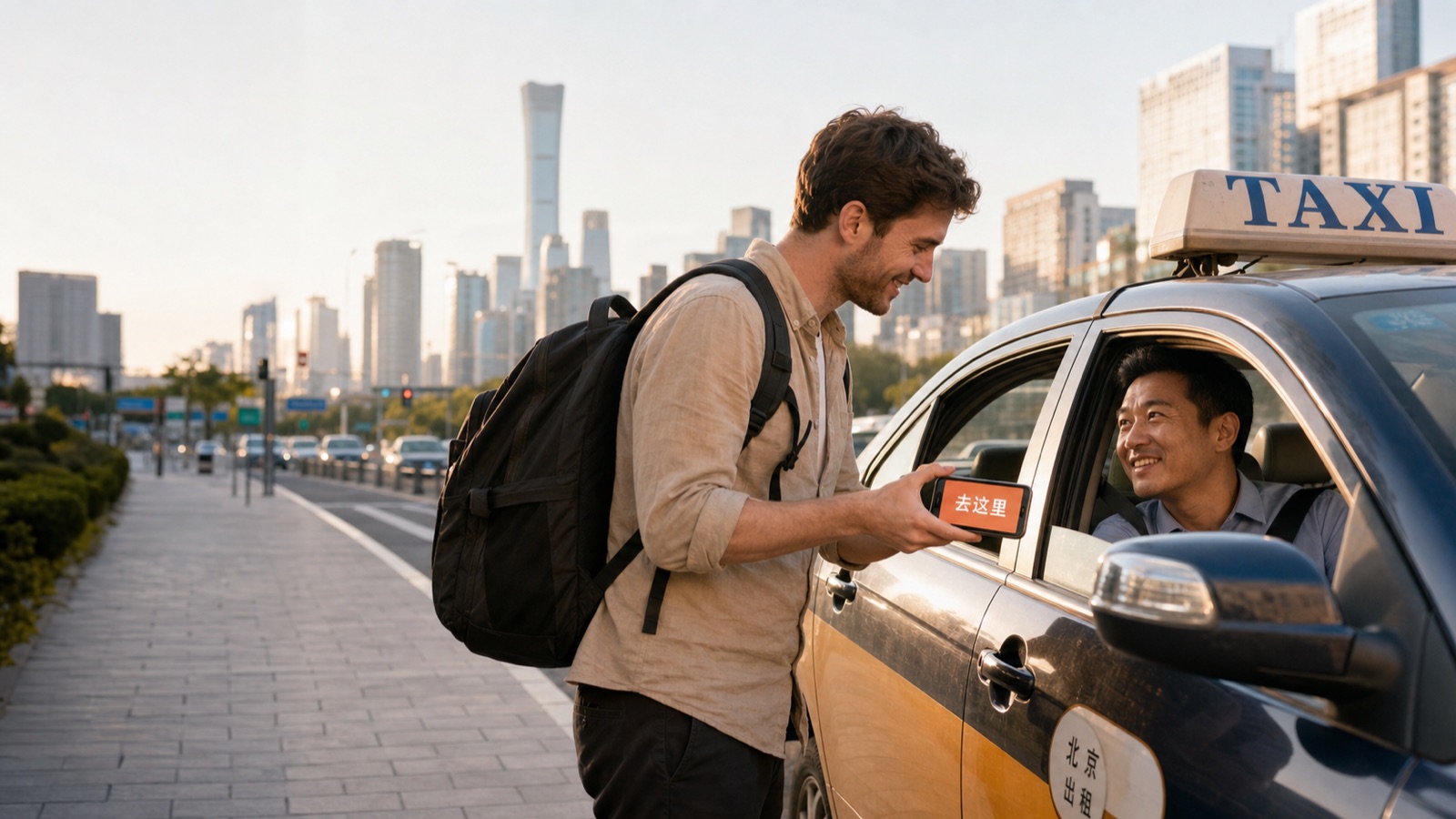 Traveler showing a Chinese destination card on his phone to a taxi driver in Beijing